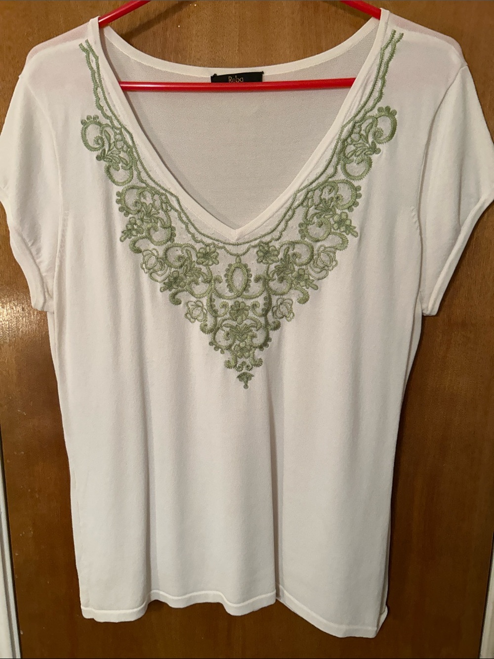 Reba White V-Neck Short Sleeve Top with Sage Green Embroidery. Like new. L